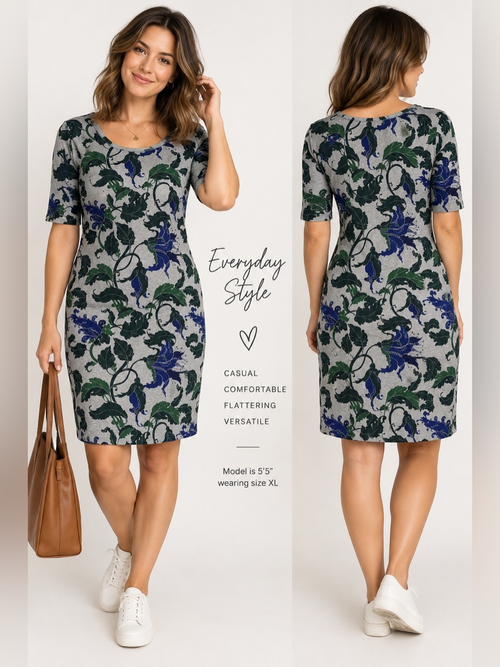 XL Gray Green Blue Floral Stretch Knee Length